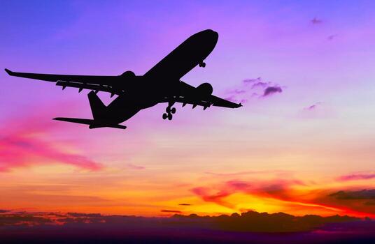 silhouetted commercial airplane flying at sunset photo